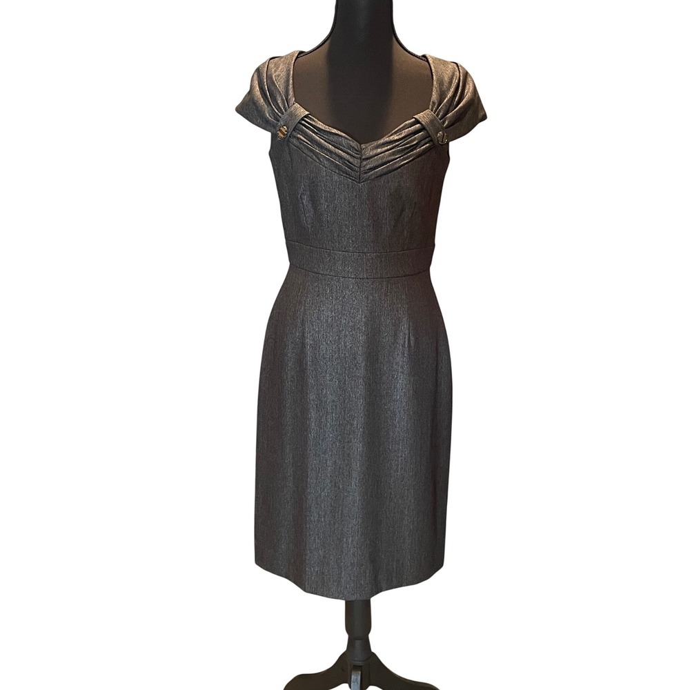 Antonio Melani Gray Herringbone Sheath Dress Cap Sleeve Sweetheart Neck 2 Retro